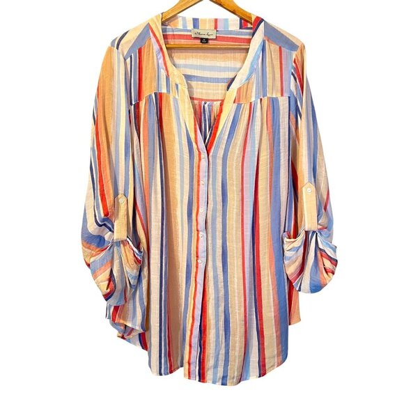 Meera Lane Colorful Lightweight Striped Button Down Blouse 2X Coastal Breezy - Picture 1 of 7